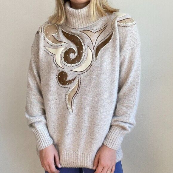 Vintage 80s Womens IB Diffusion Angora Silk Blend Geometric Beige Sweater Sz 2X - Picture 11 of 11